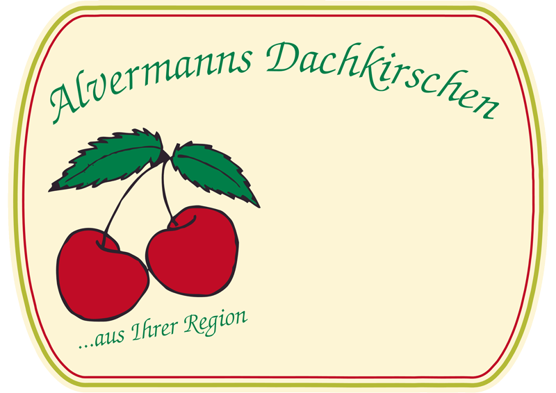 Ein Logo für eine Firma namens Alvermann mit einer Kirsche auf weißem Hintergrund.