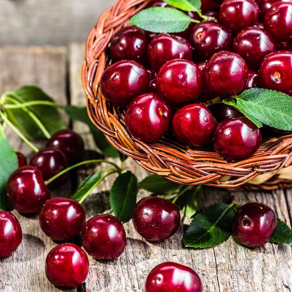 Ein Korb mit Kirschen und Blättern auf einem Holztisch.