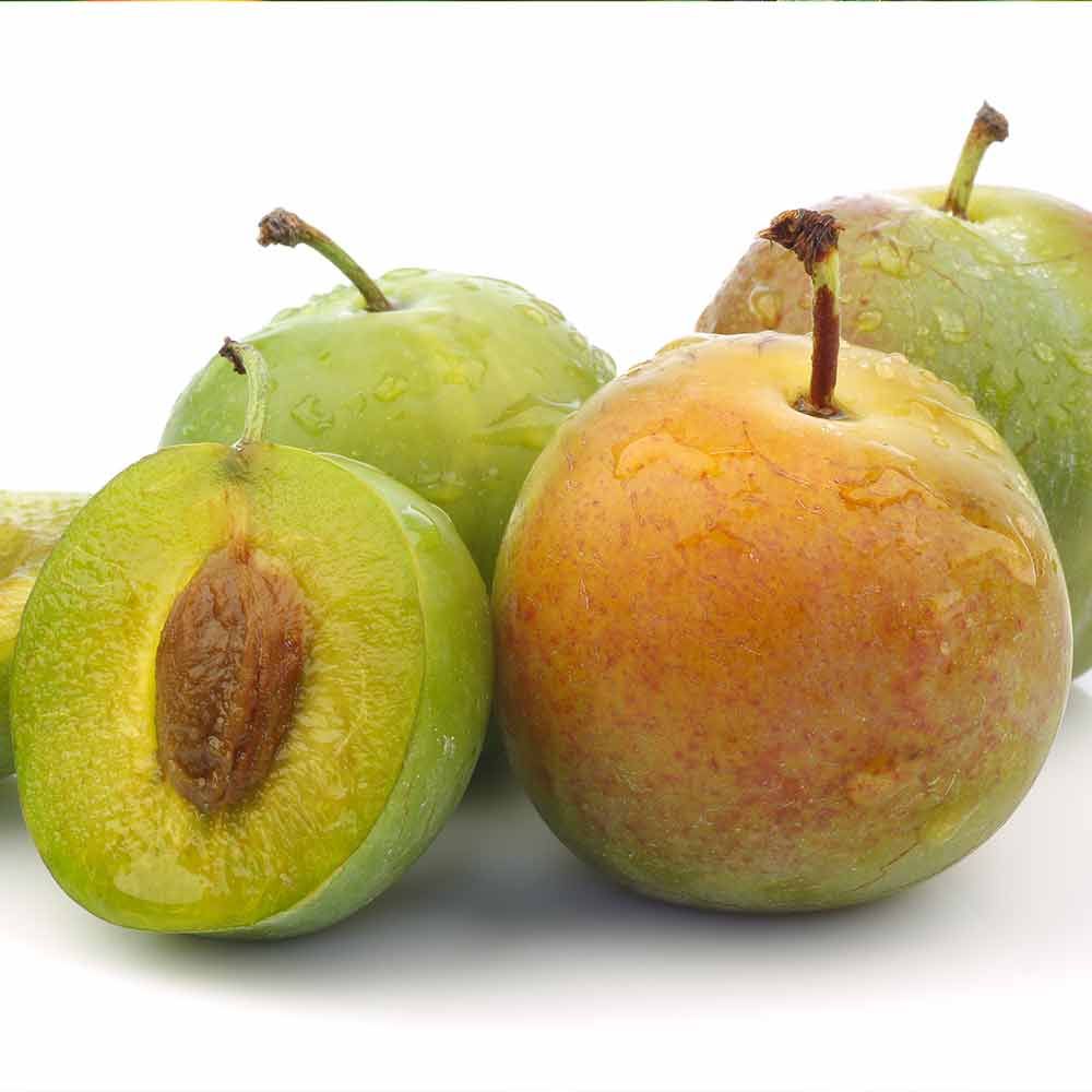 Ein Bündel Pflaumen, von denen eine halbiert ist