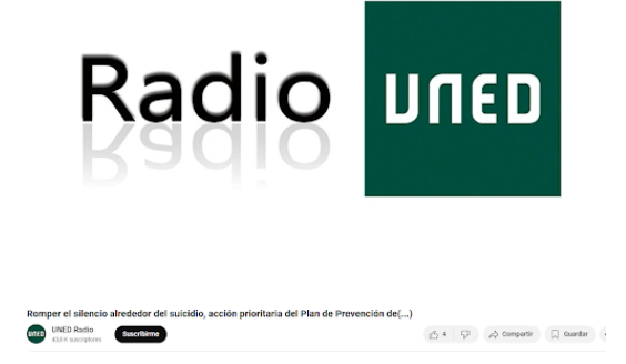 Logotipo de Radio UNED con un texto sobre la prevención del suicidio debajo.