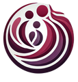 Un logotipo circular con formas abstractas, granates y moradas que forman la silueta de tres figuras agrupadas.
