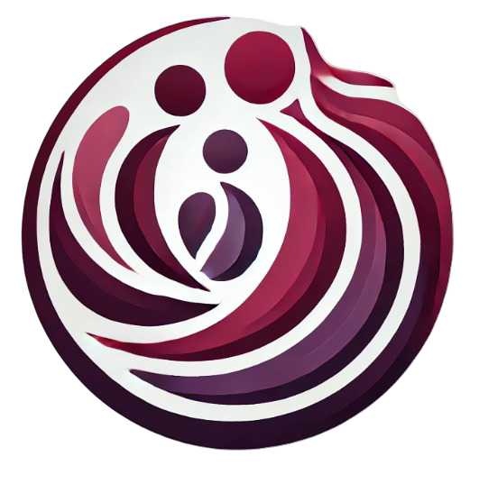 Un logotipo circular con formas abstractas, granates y moradas que forman la silueta de tres figuras agrupadas.