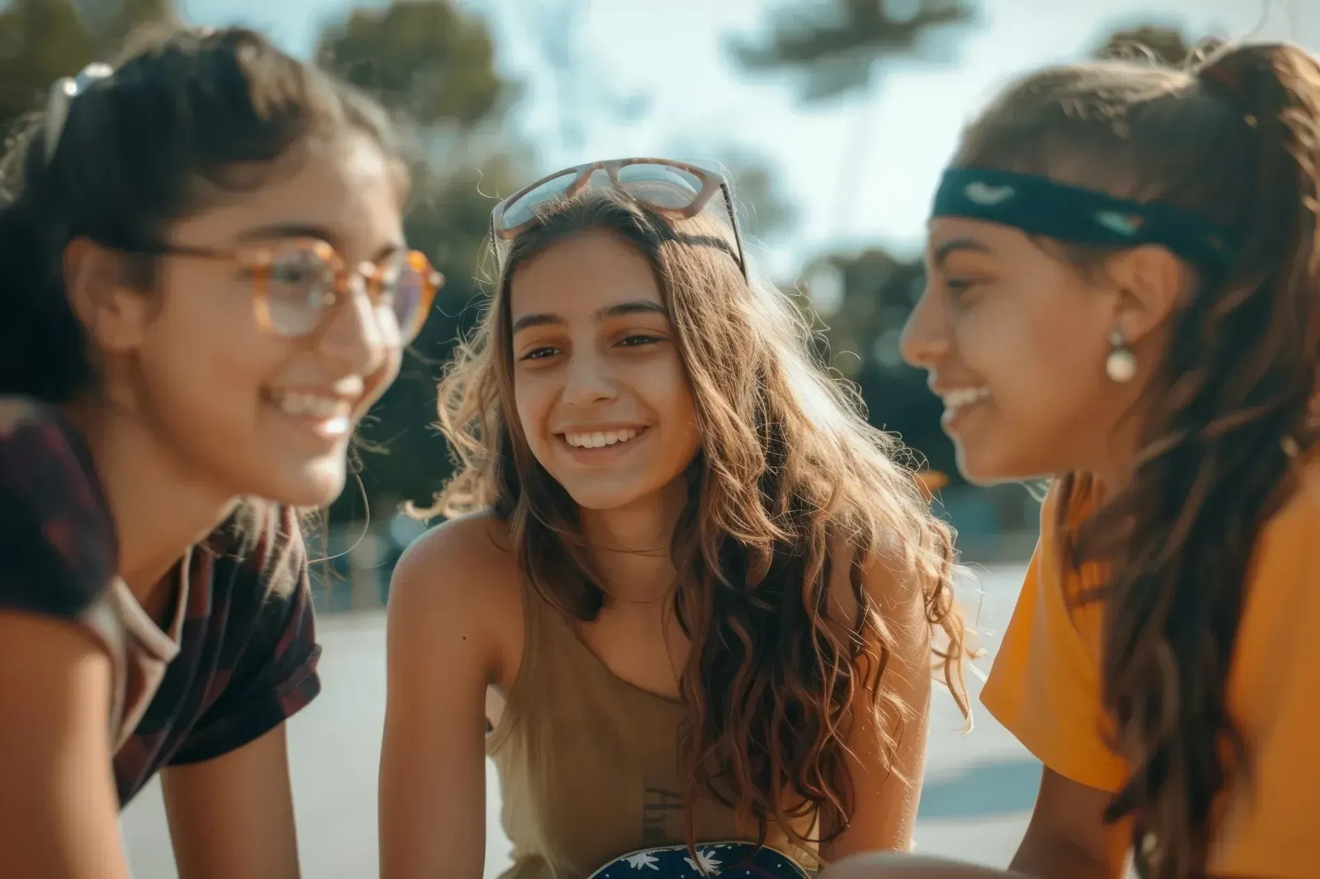 Tres personas sonrientes se inclinan juntas al aire libre, capturadas en una toma en primer plano iluminada por el sol.