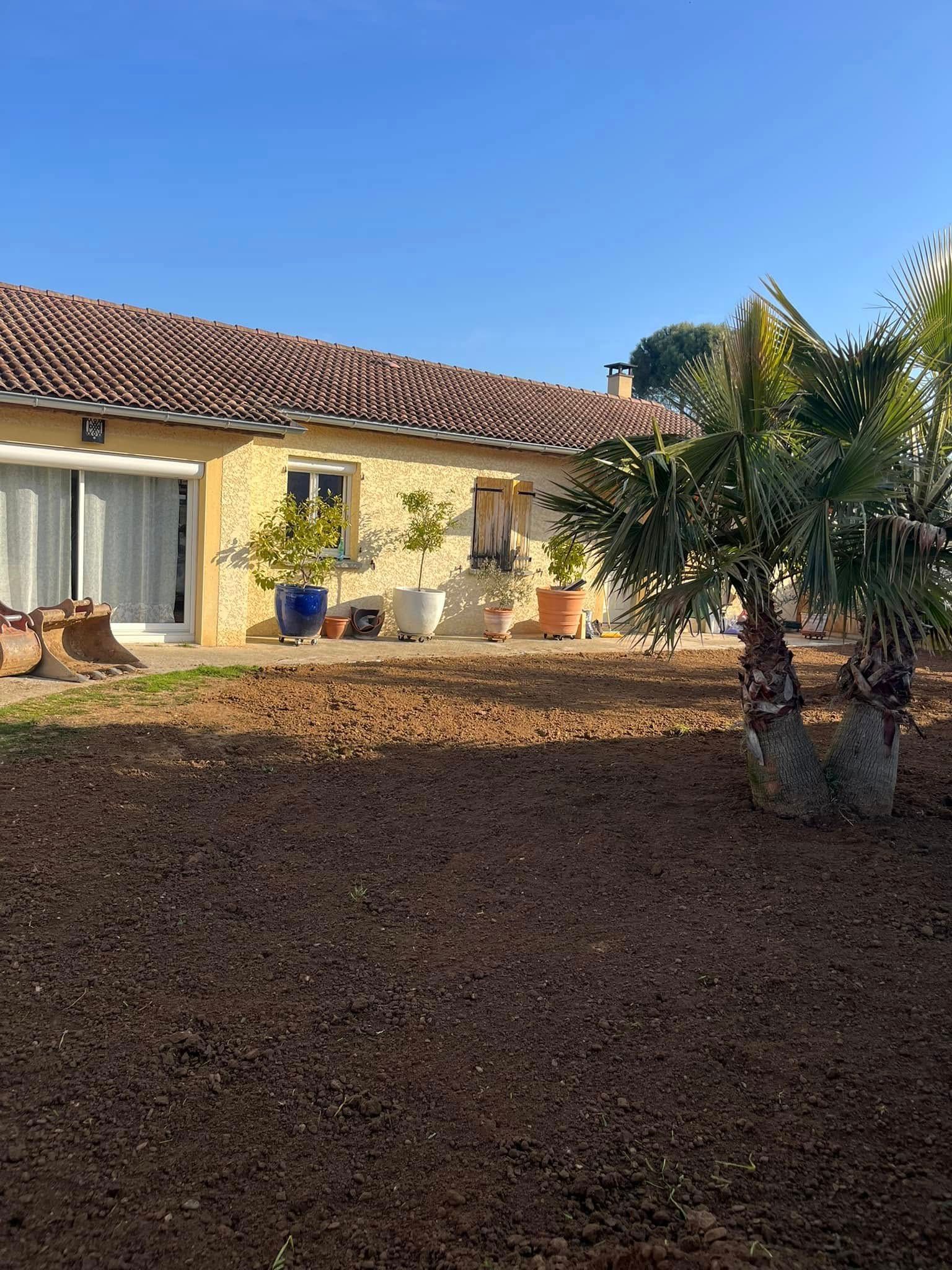 Maison jaune au toit de tuiles rouges, palmiers et terre nue dans une cour ensoleillée.