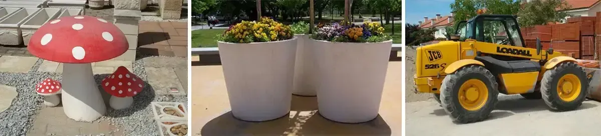 Un collage de tres imágenes de un hongo, jardineras y un tractor.