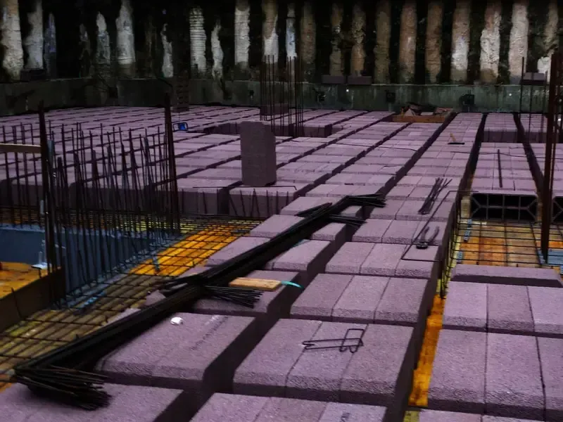 Un sitio de construcción con muchos ladrillos morados