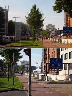 Zwei Bilder einer Stadtstraße mit einer roten Ampel