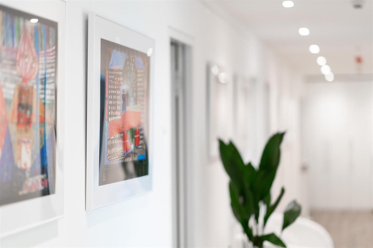Ein Flur mit Gemälden an der Wand und einer Pflanze im Vordergrund.