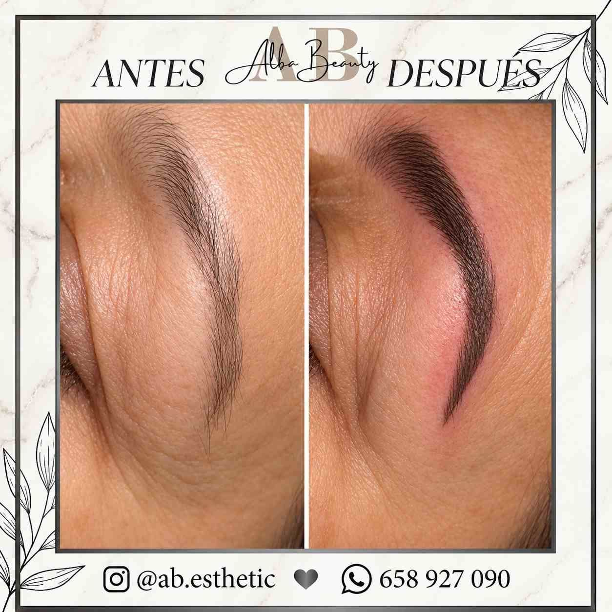 Diseño de cejas de antes y después: ceja natural a la izquierda y ceja más oscura y arqueada a la derecha.