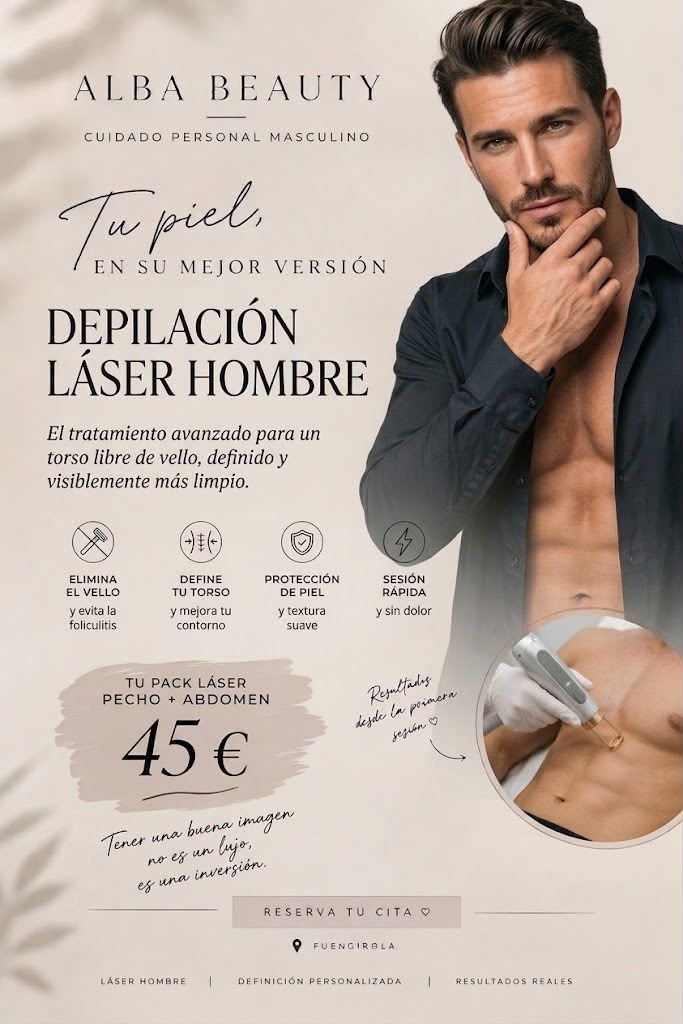 Cartel de depilación láser para hombres con modelo y una oferta de 45 €