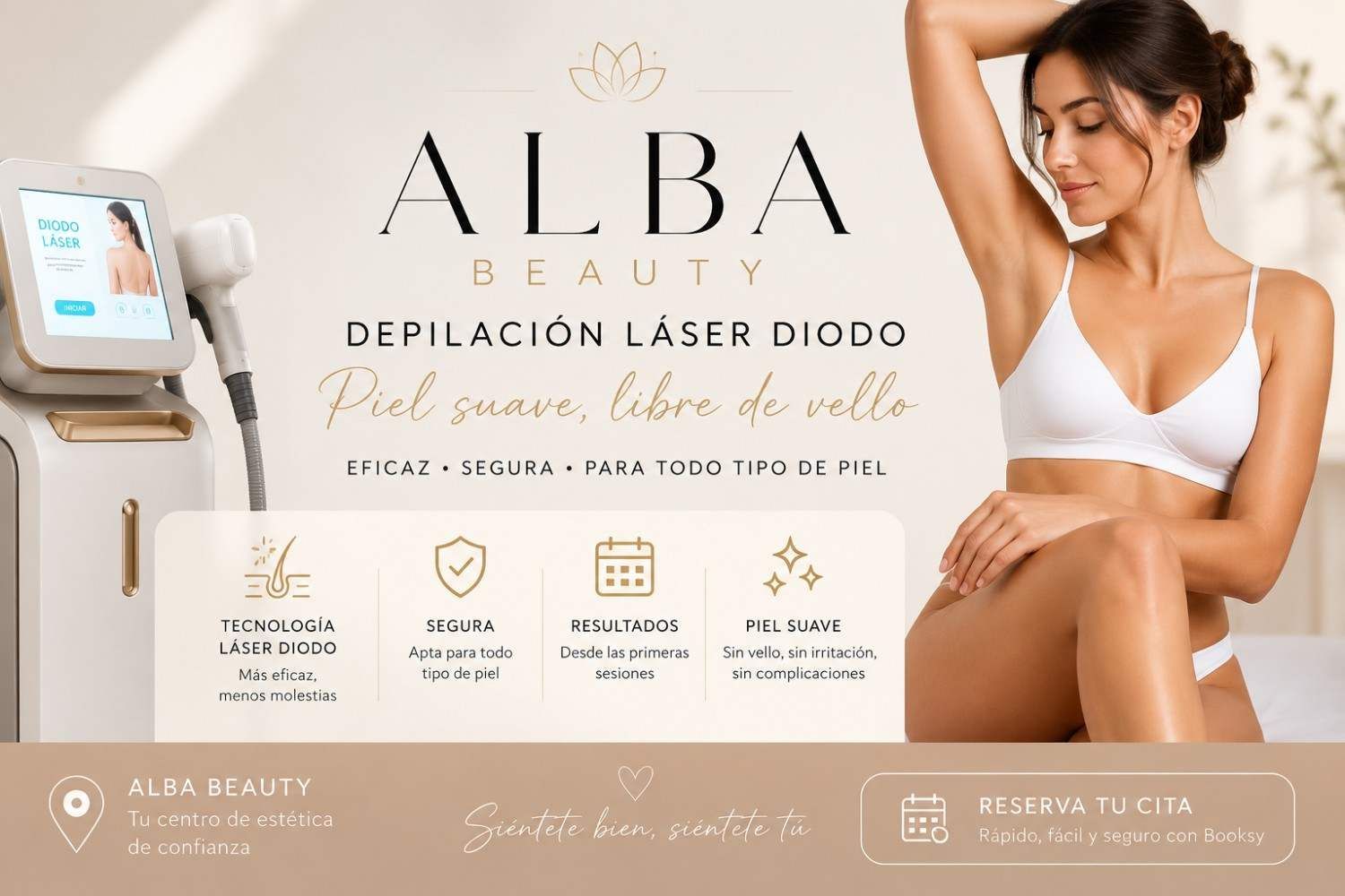 Banner promocional de ALBA Beauty con una oferta de depilación láser y una mujer en lencería blanca posando a la derecha