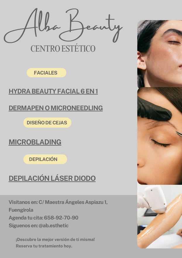 Folleto de Alba Beauty Centro Estético con servicios de tratamientos faciales, microneedling, microblading y depilación láser
