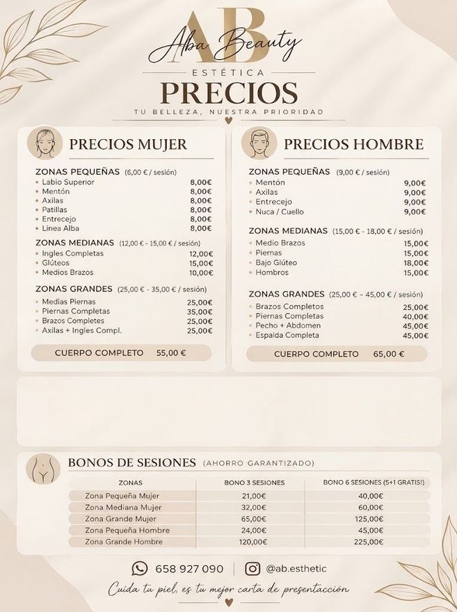 Cartel promocional de AB by Precios con listas de precios para mujer, hombre y servicios en tonos beige