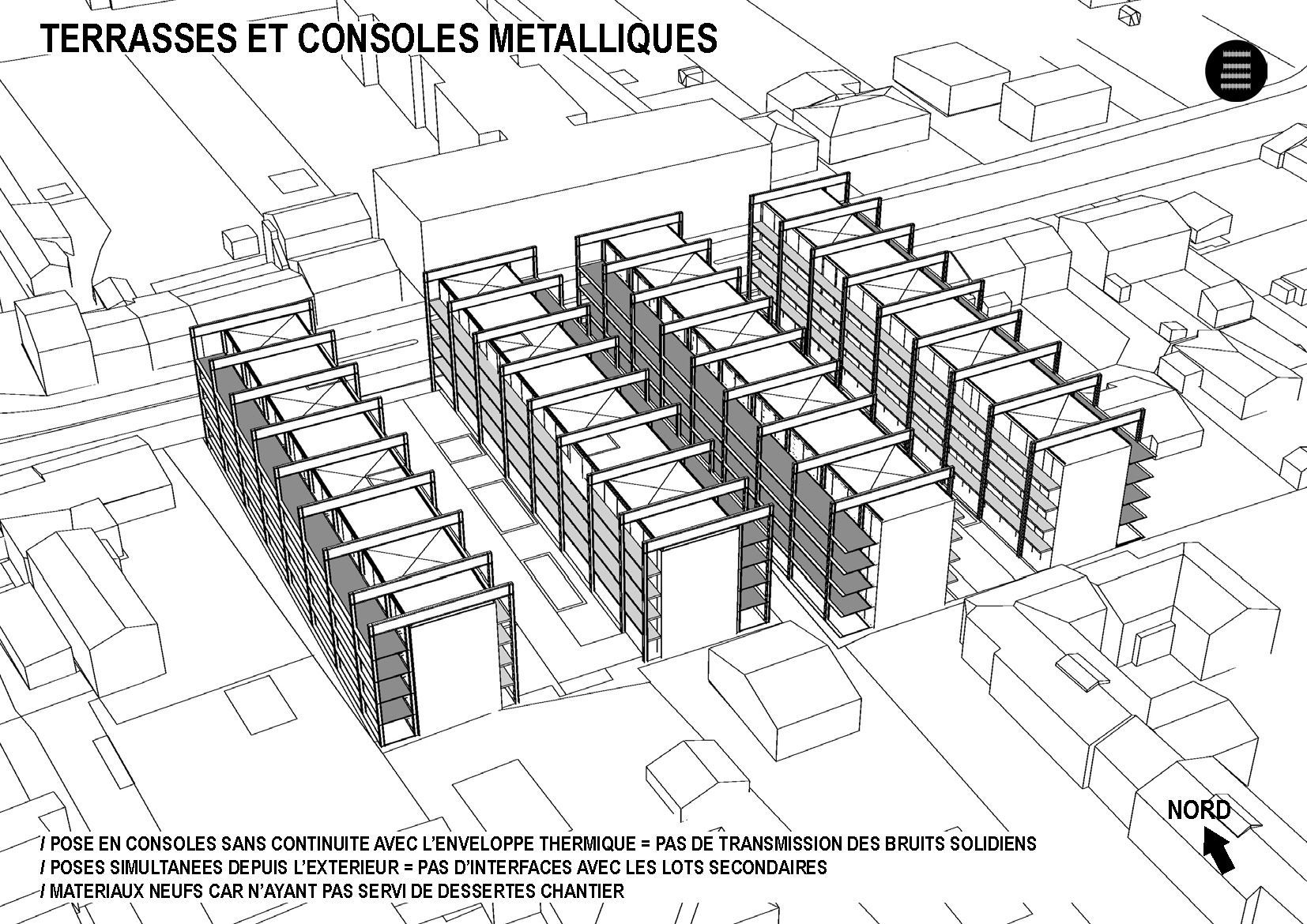 Vue aérienne d'un complexe de terrasses et de consoles métalliques, dans un cadre de quartier, avec une flèche directionnelle.