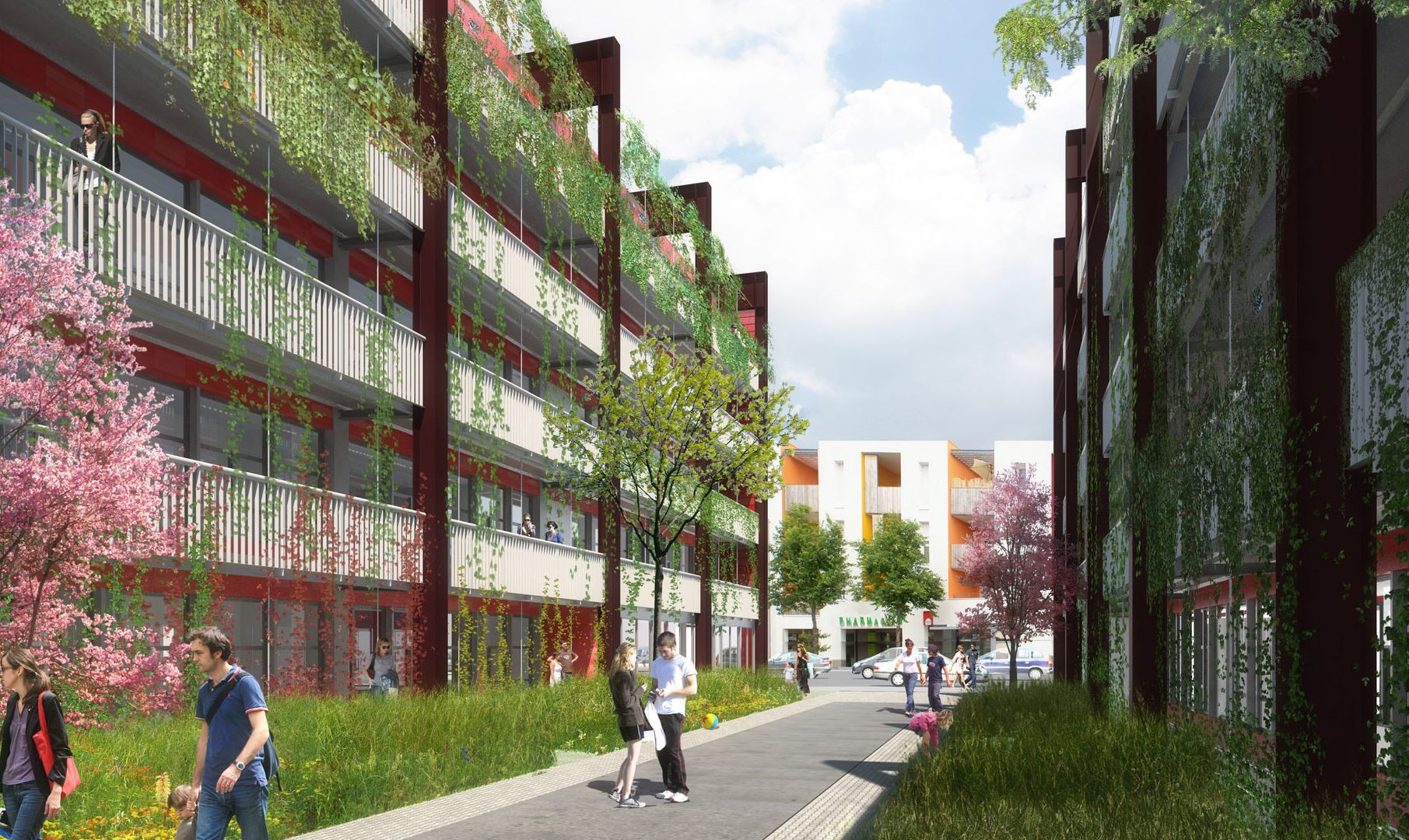 Immeubles d'habitation aux cadres rouges et feuillage vert, allée avec des gens qui marchent, journée ensoleillée.