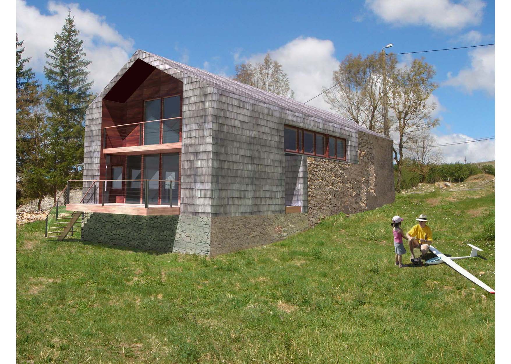 Maison moderne avec toit en bardeaux et murs en pierre, située sur une colline herbeuse, avec des gens qui jouent.