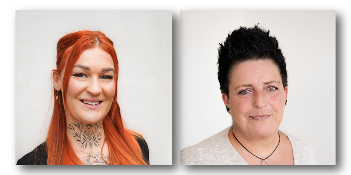 Zwei nebeneinander stehende Porträtfotos derselben Person, eines mit langen roten Haaren und eines mit kurzen dunklen Haaren.