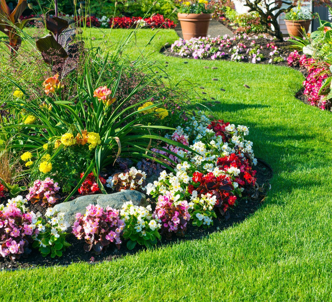 Un massif avec des fleurs et de la pelouse.