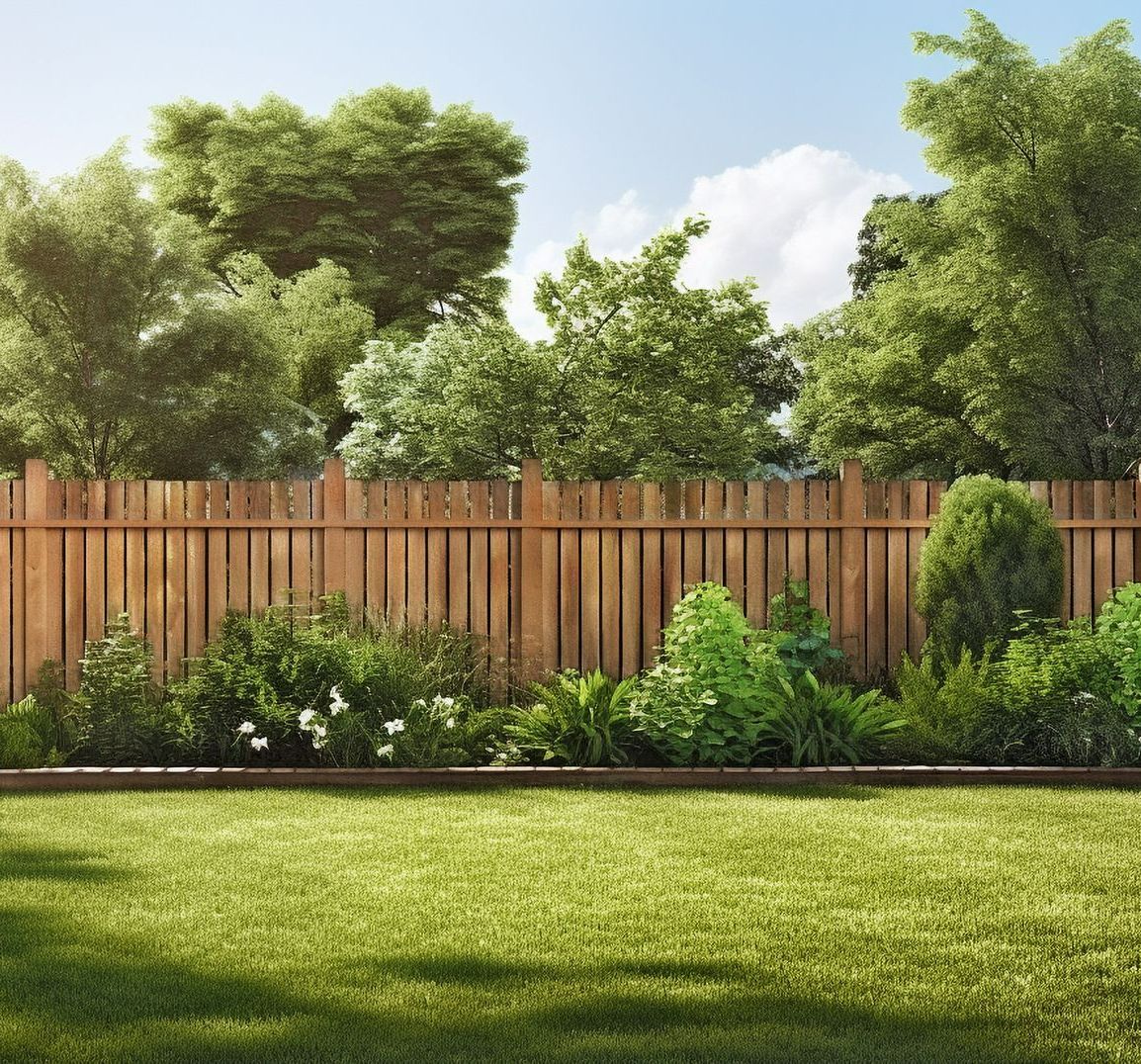 Une clôture en bois devant des grands arbres.