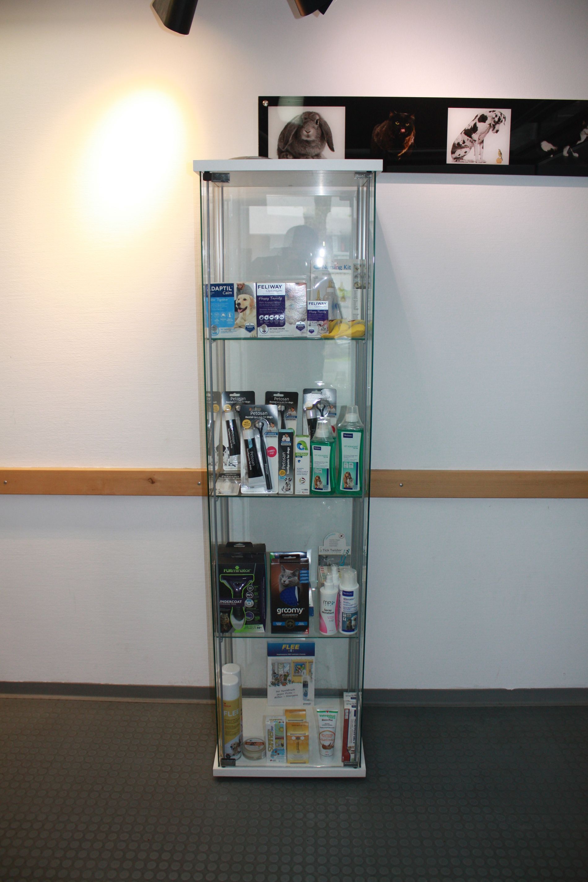 Ein Glasregal mit einer Vielzahl von Schönheitsprodukten