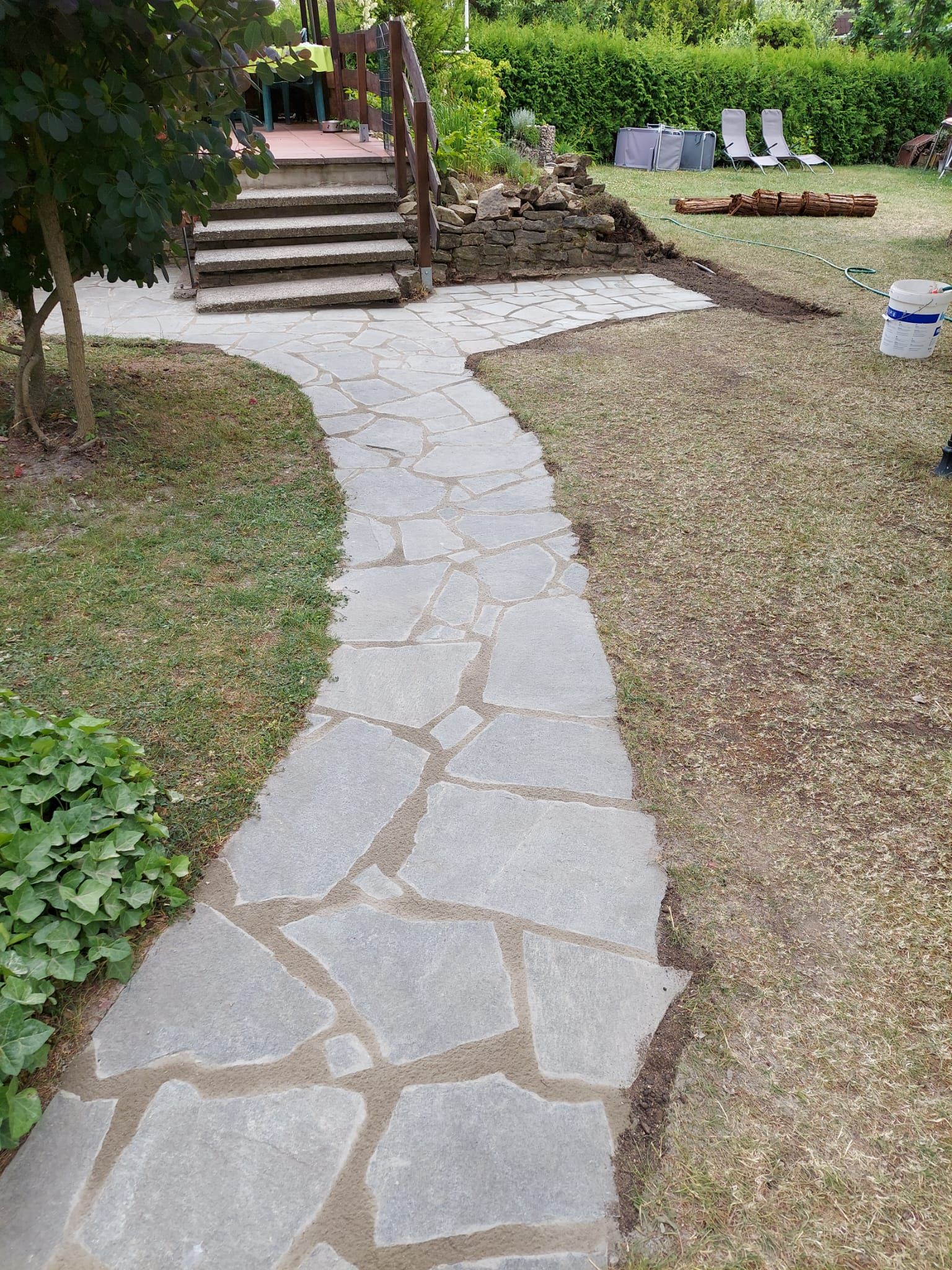 Ein gesteinerter Gartenweg führt zu einer Treppe, der von Gras und Grünpflanzen gesäumt ist.
