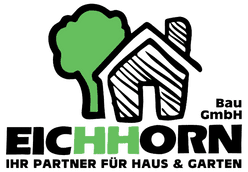 Logo for EICHHORN Bau GmbH with green tree, black house, and “Ihr Partner für Haus & Garten” text