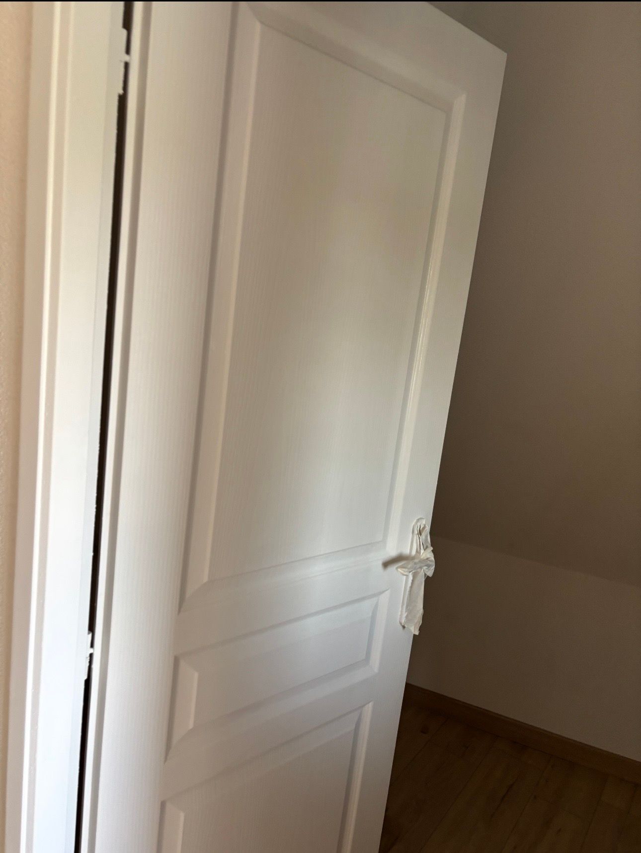 Une porte intérieure blanche à panneaux et poignée métallique est légèrement entrouverte, donnant sur une pièce au parquet.