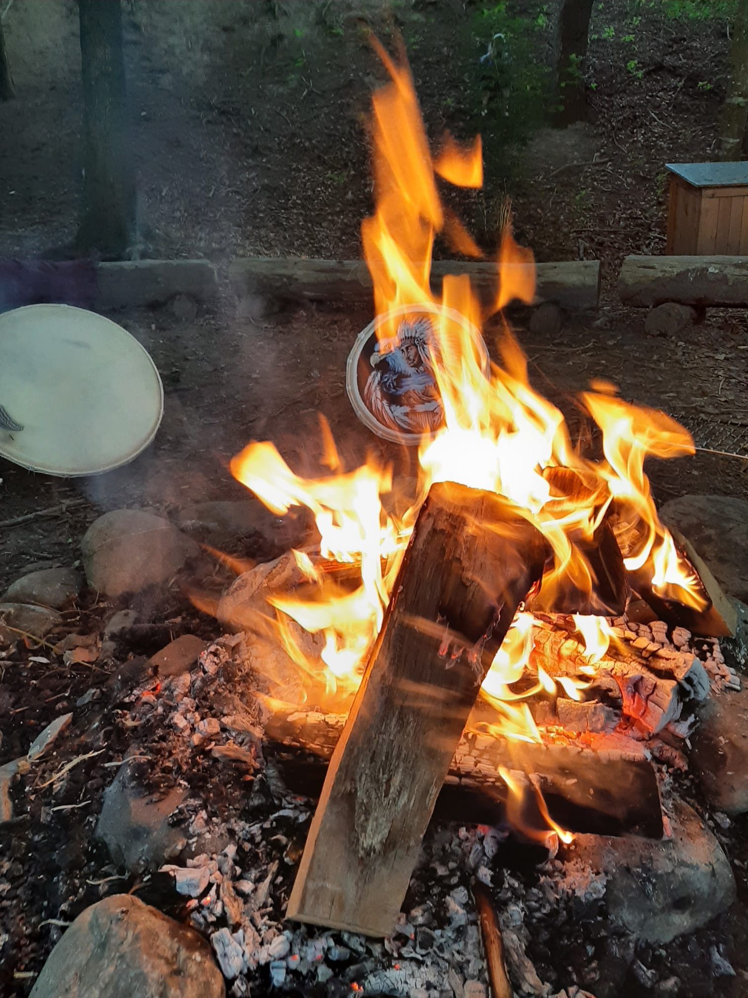 Ein kleines Lagerfeuer mit hellorangefarbenen Flammen, in denen Holzscheite im Freien auf felsigem Boden verbrannt werden.