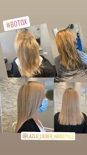 Haartransformation: Blondes Frauenhaar vor und nach der Botox-Behandlung in einem Salon.
