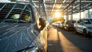 Reihen geparkter Autos in einer sonnendurchfluteten Garage, im Vordergrund ein schwarzes Auto, das das Licht reflektiert.