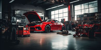 Ein roter Sportwagen in einer Autowerkstatt mit geöffneter Motorhaube und Werkzeug in der Nähe, umgeben von anderen Autoteilen.