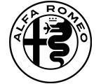 Alfa Romeo-Autologo in Schwarz-Weiss, kreisförmiges Emblem mit rotem Kreuz und Schlange