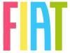 FIAT-Logo in pinken, türkisfarbenen, blauen und gelben Buchstaben auf weissem Hintergrund