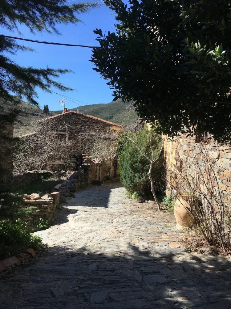 Un sendero de piedra conduce a un rústico edificio de piedra; los árboles enmarcan la soleada escena.