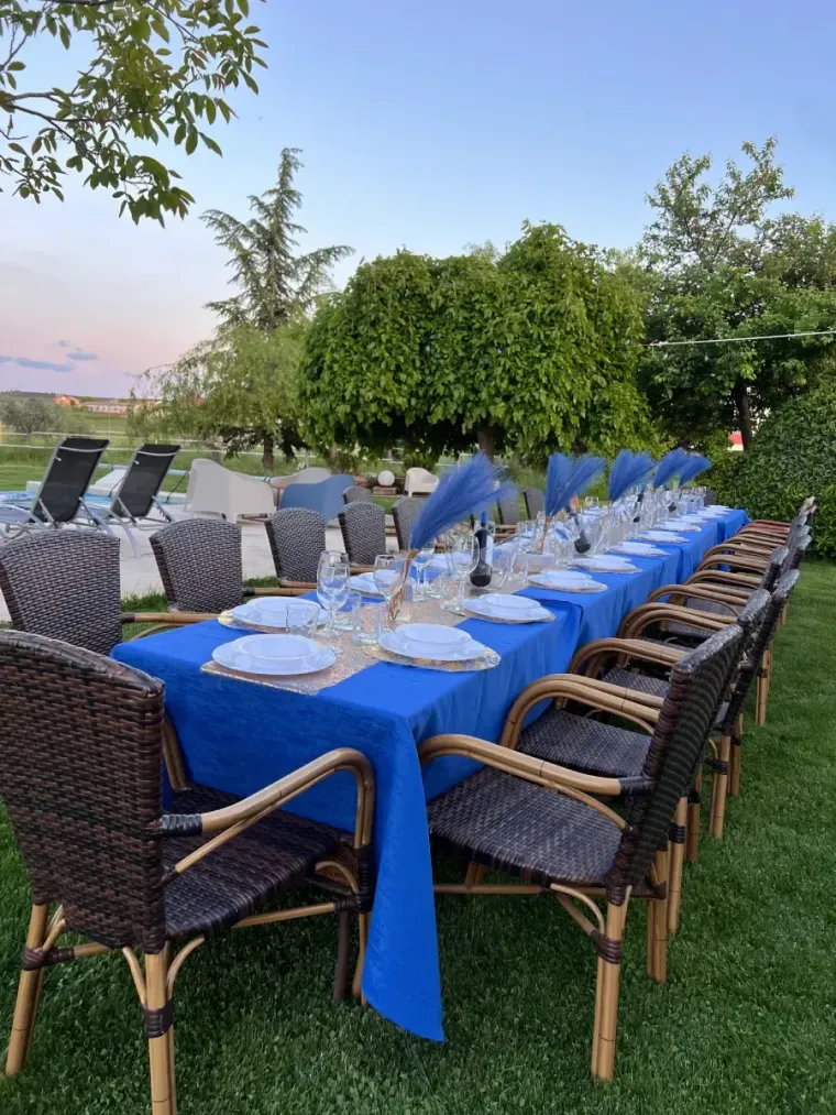 Mesa larga puesta para una comida en un césped con mantel azul, sillas de mimbre y piscina al fondo.