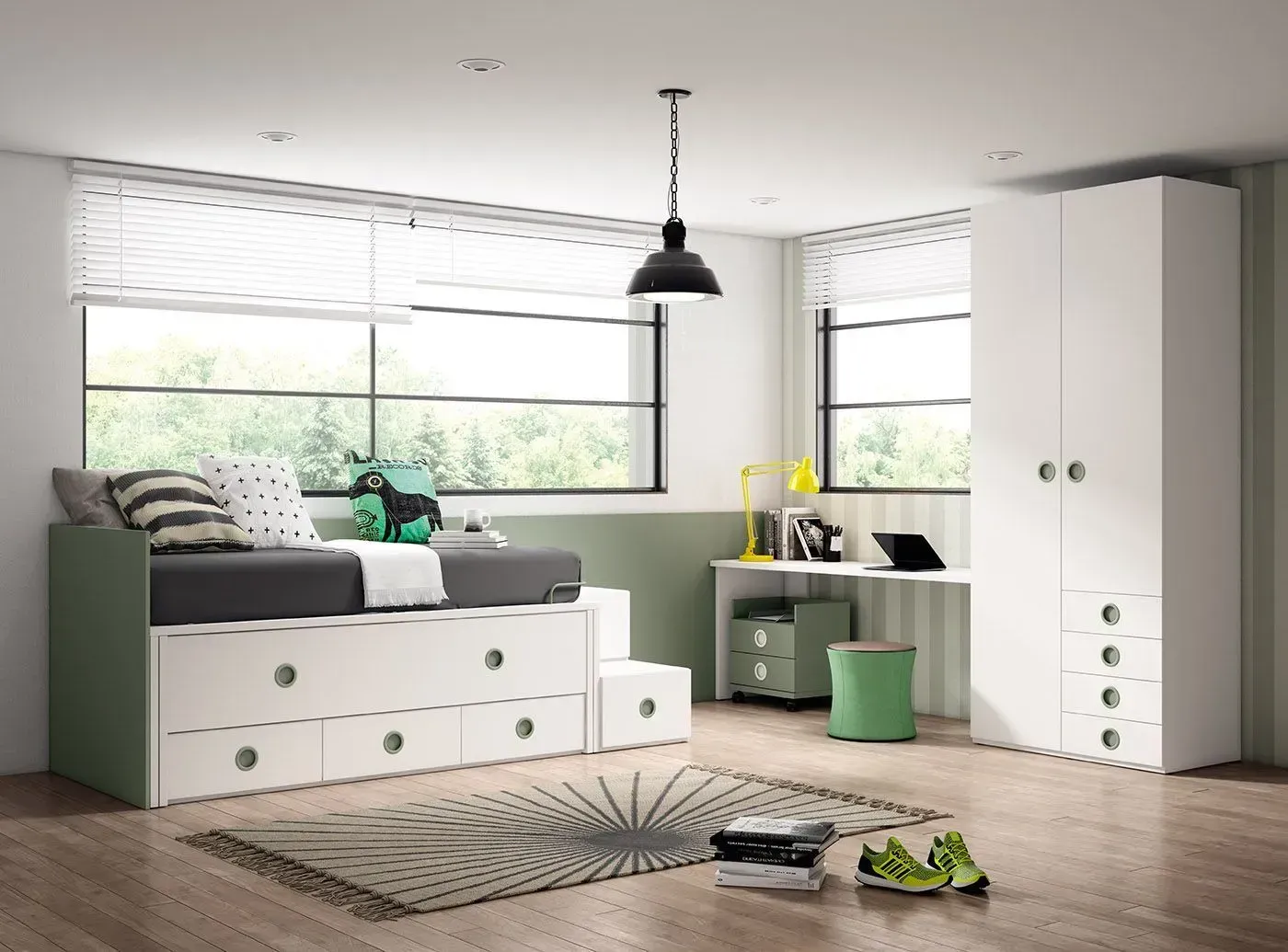 Un dormitorio moderno con cama, escritorio, armario y detalles verdes.