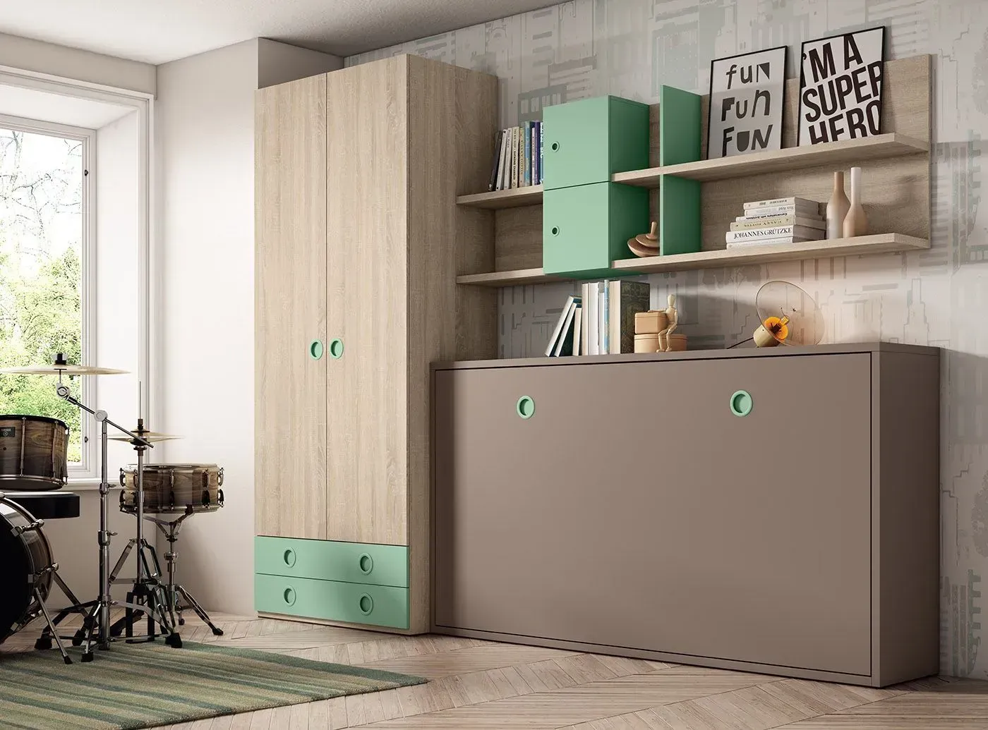 Dormitorio con armario de madera, cama abatible y estanterías con libros y objetos decorativos. Incluye batería.