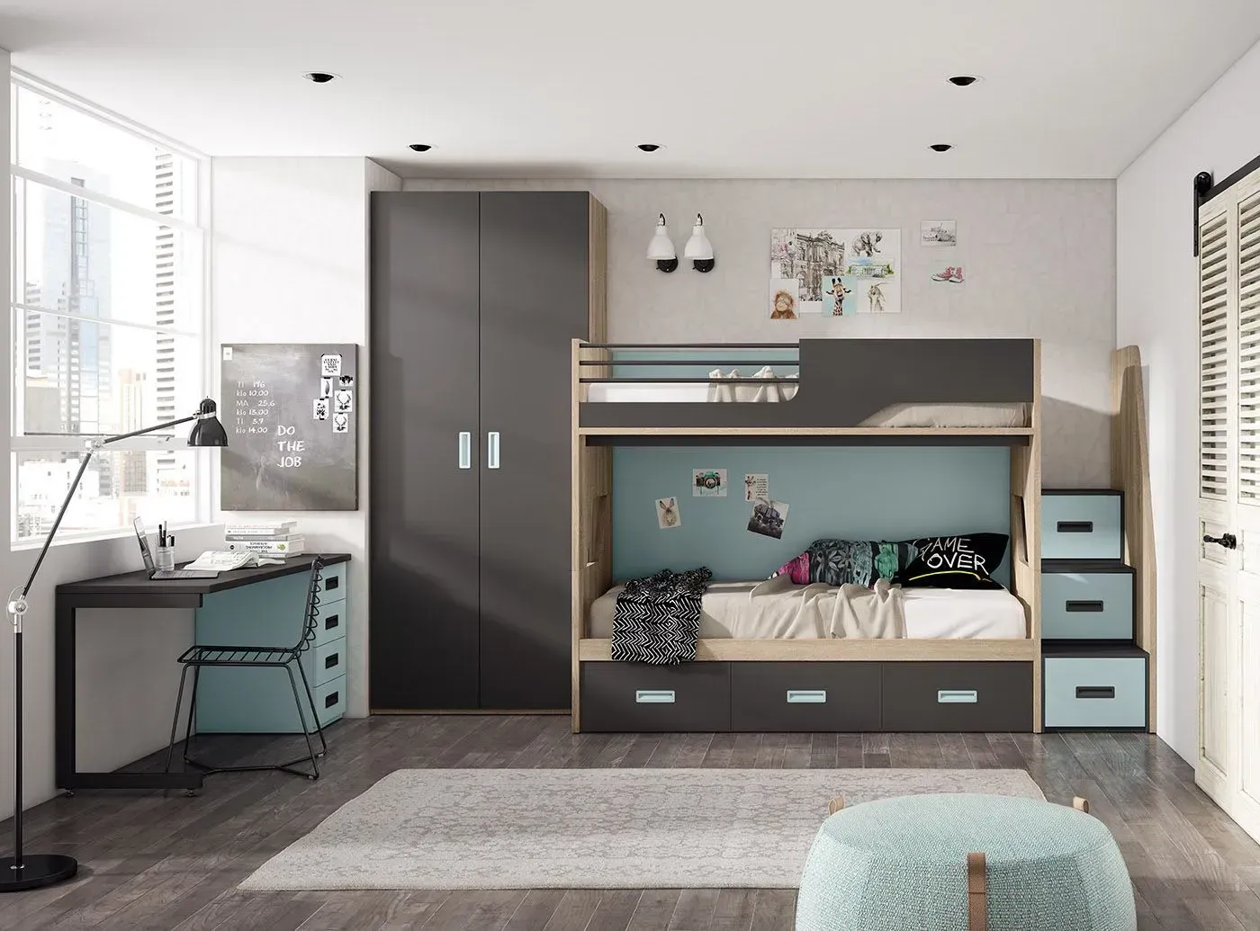 Dormitorio moderno con litera, escritorio y detalles en gris y turquesa.