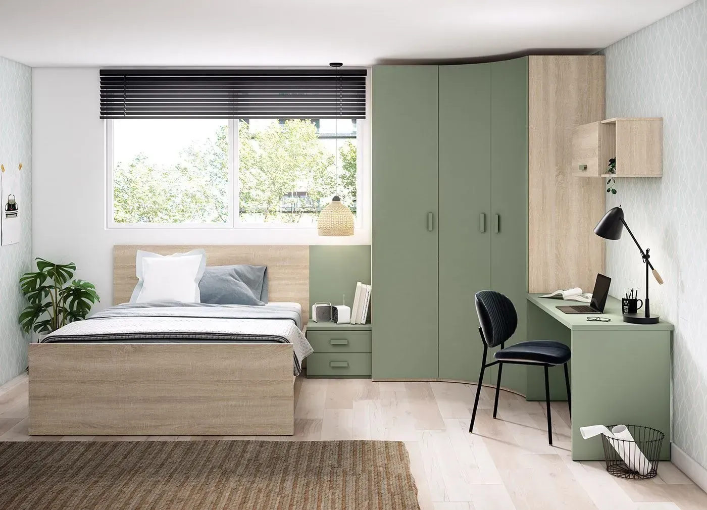Dormitorio con muebles verdes y madera, escritorio con lámpara, cama, armario y ventana.
