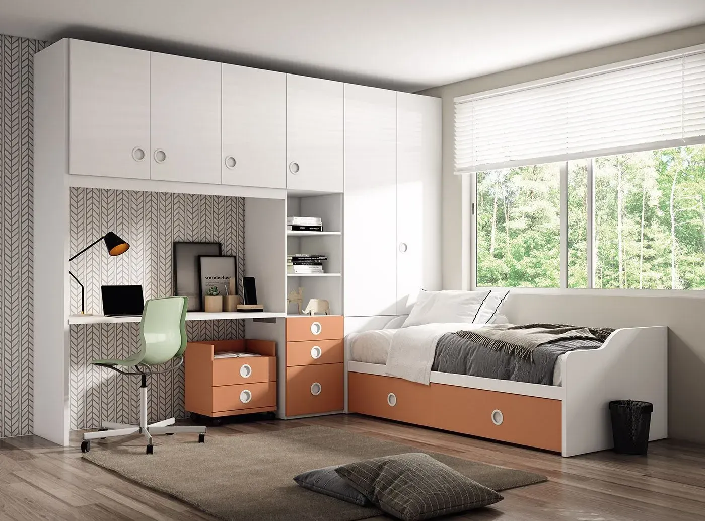 Dormitorio con escritorio, cajones naranjas y un sofá cama junto a la ventana. Armarios blancos sobre el escritorio.