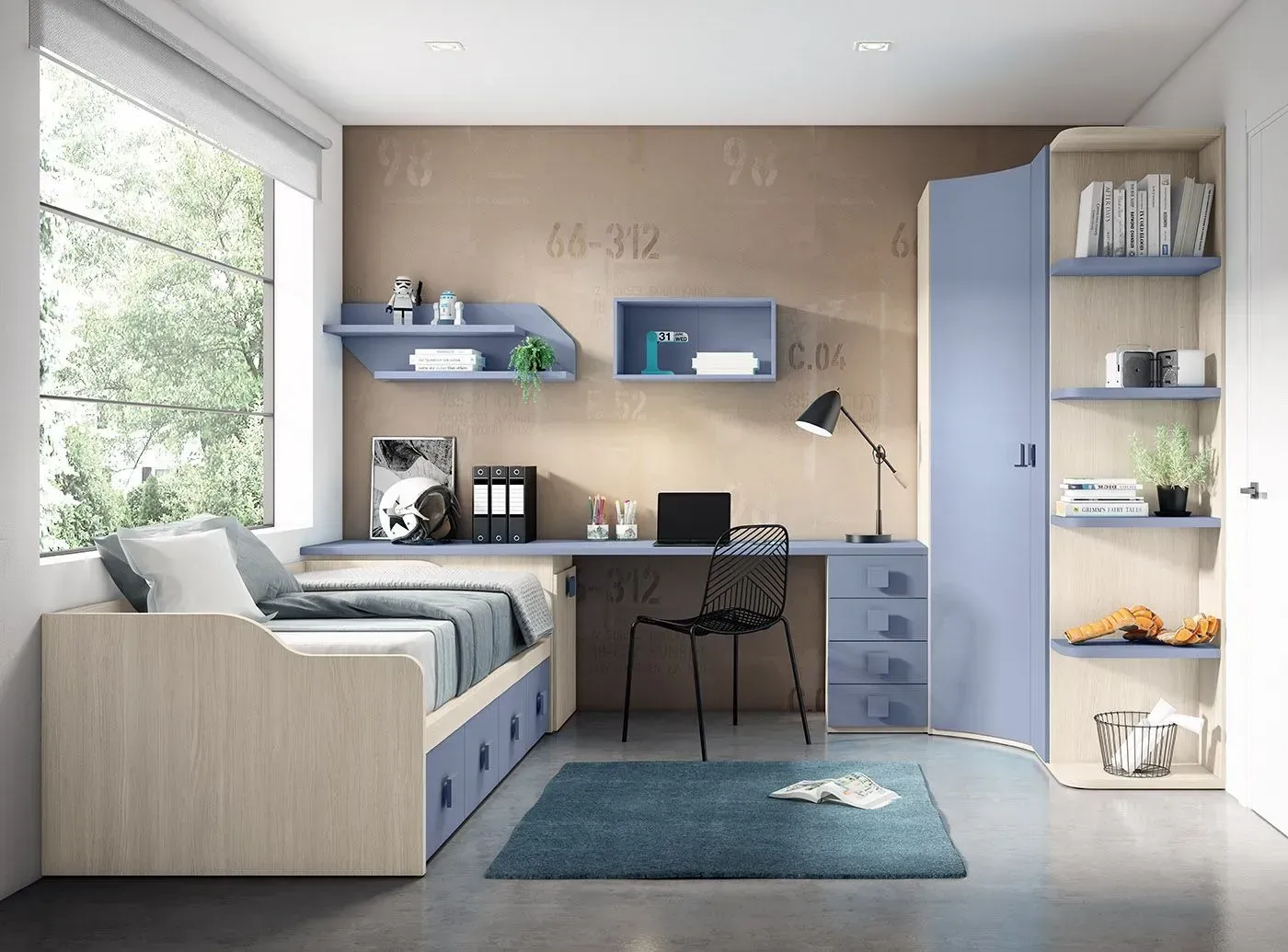 Dormitorio con escritorio, cama y estanterías. Muebles azul claro y beige sobre una pared color canela, con ventana y alfombra.