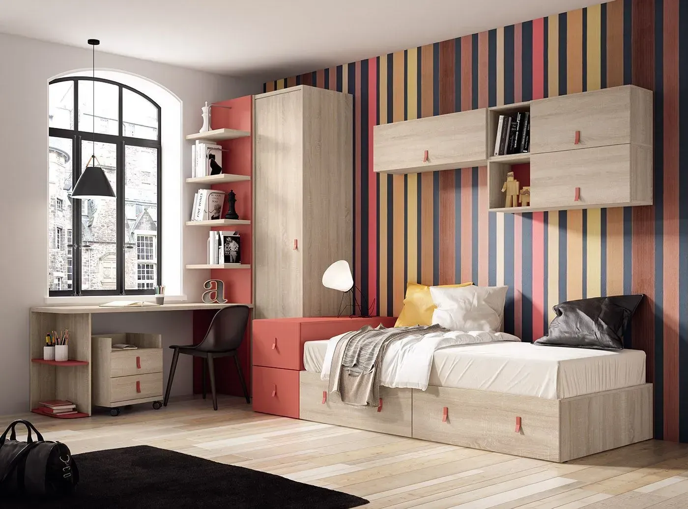 Dormitorio moderno con escritorio, cama y armarios de almacenamiento; presenta paredes de madera, rojas y rayadas.