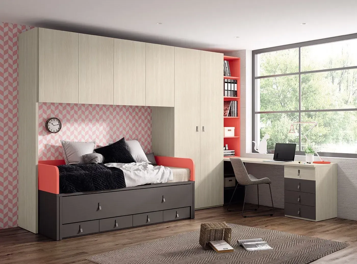 Dormitorio con cama, escritorio y armarios. Tonos gris, naranja y madera clara.
