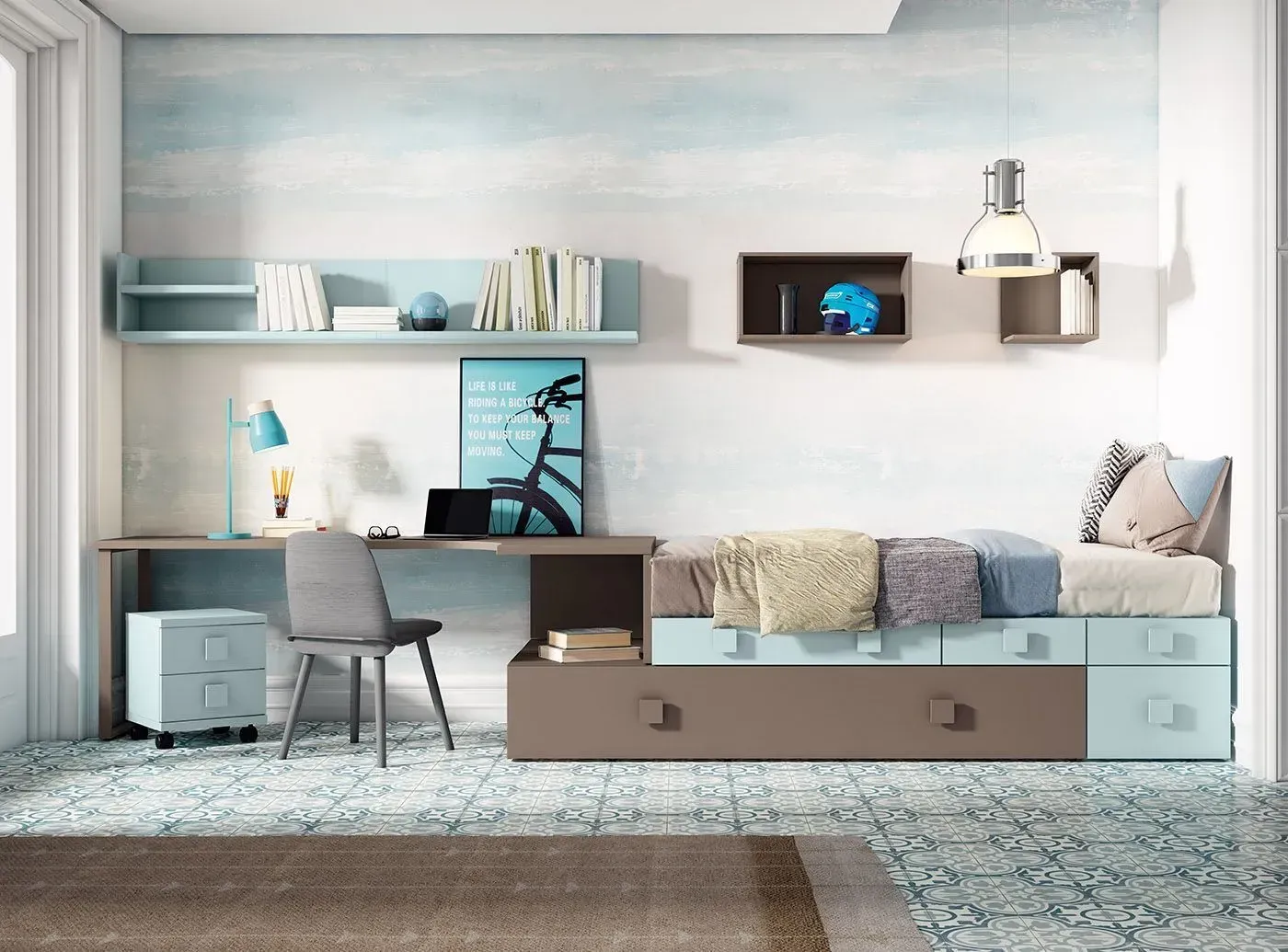 Dormitorio con escritorio, cama y estanterías. Tonos azul claro y marrón. Libros y decoración en exposición.