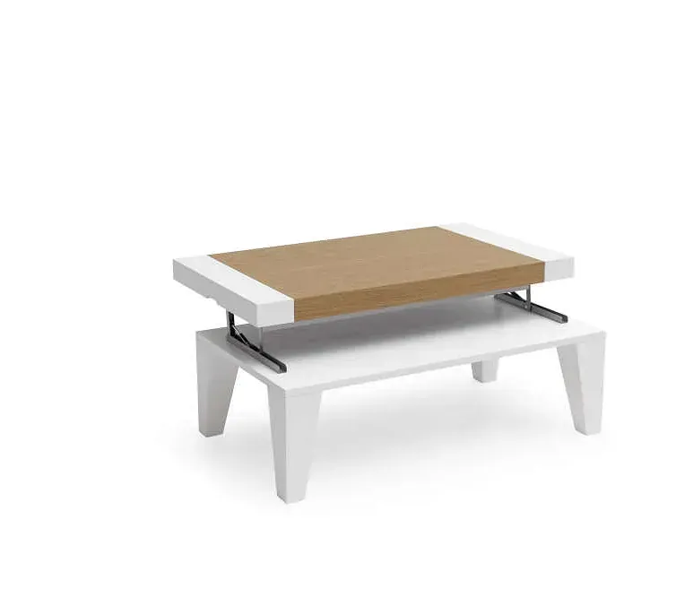 Una mesa de café con tapa de madera y base blanca sobre fondo blanco.