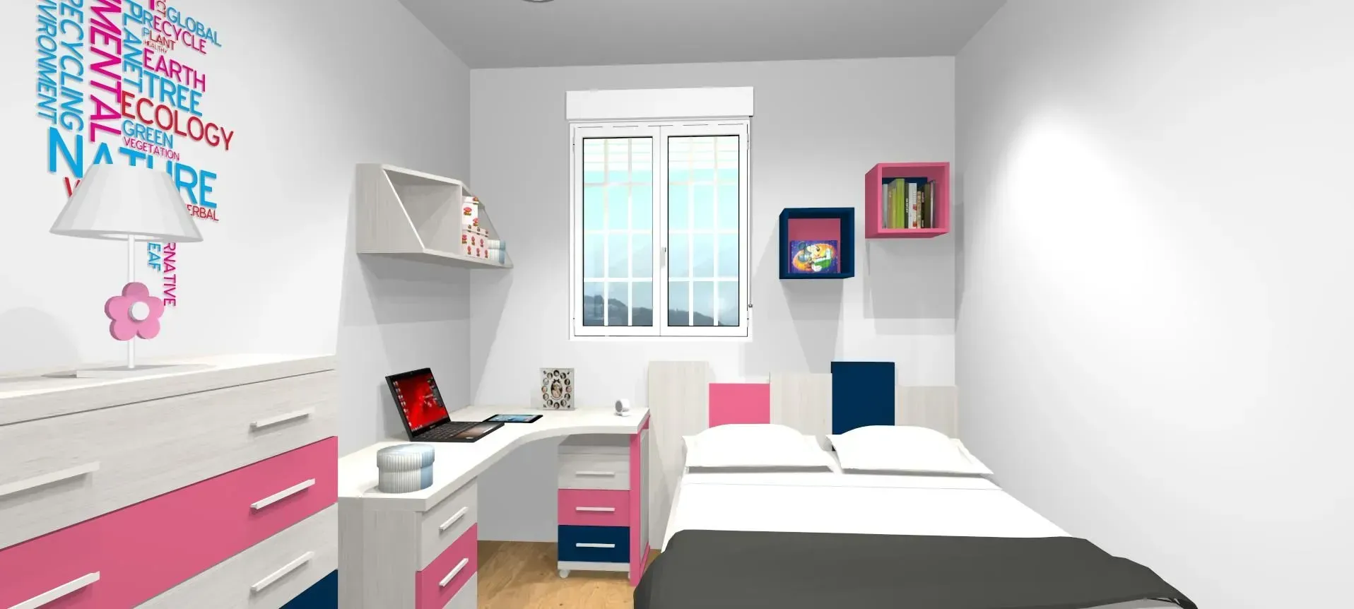 Dormitorio con escritorio, cama y ventana. Detalles en rosa y azul, paredes blancas y una flor y palabras decorativas en la pared.