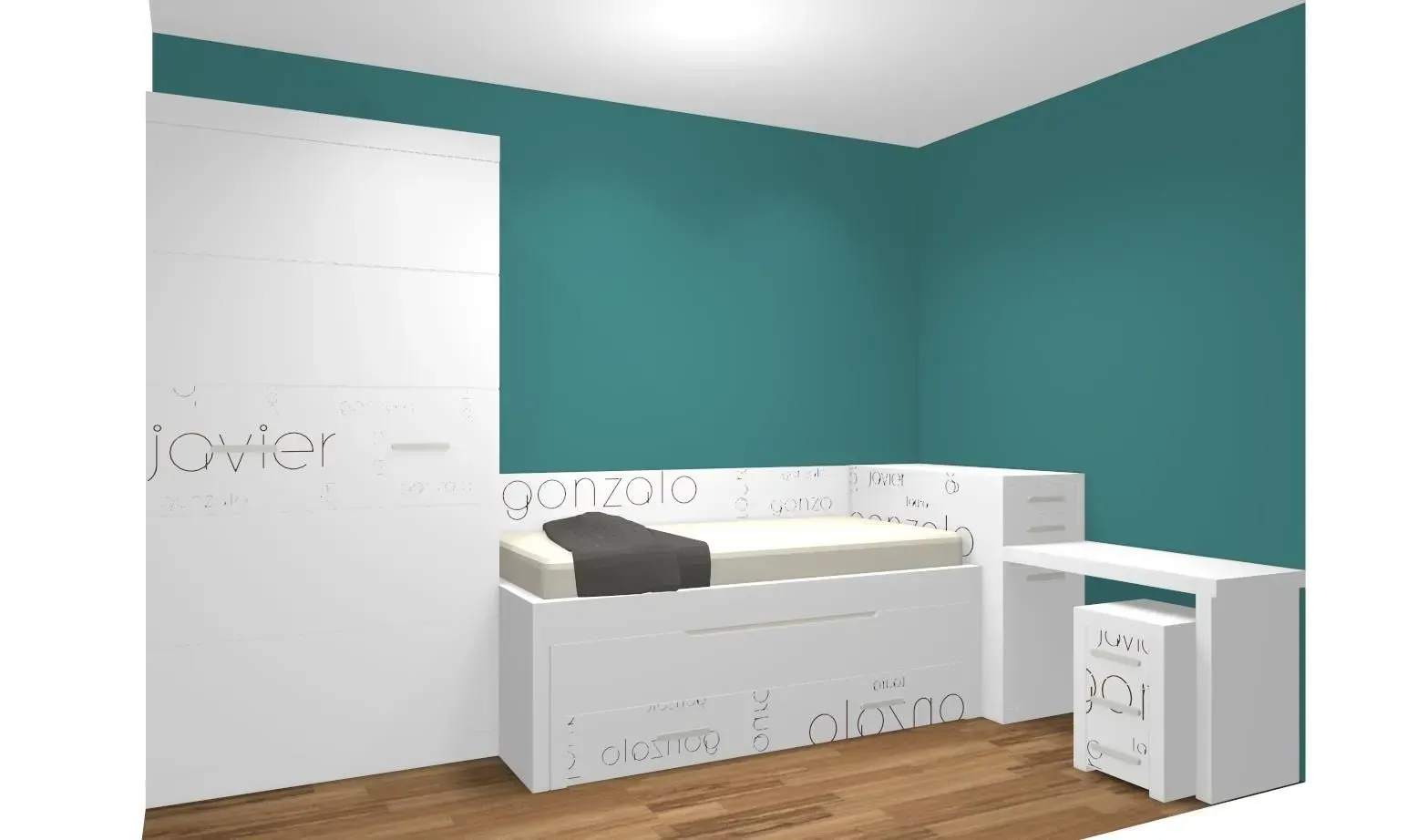 Muebles de dormitorio blancos sobre paredes color verde azulado y suelo de madera.