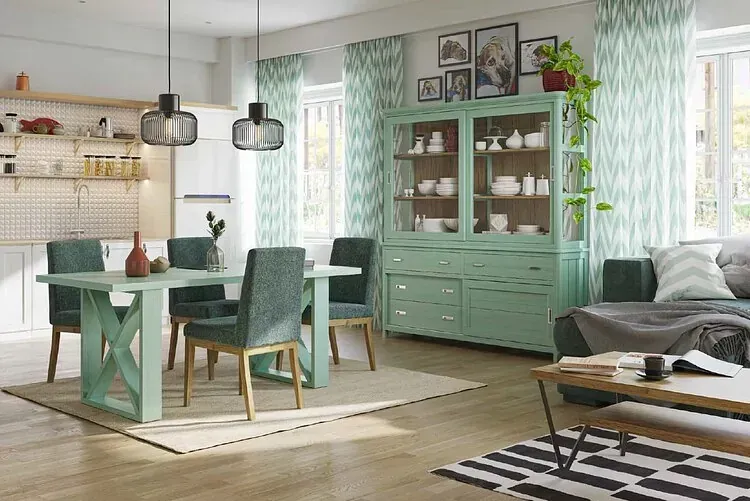 Una sala de estar con una mesa de comedor y sillas y un aparador.