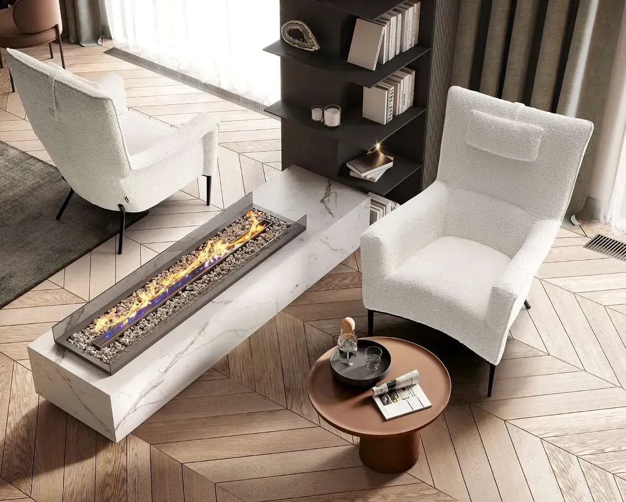 Una sala de estar con dos sillas blancas y una chimenea.