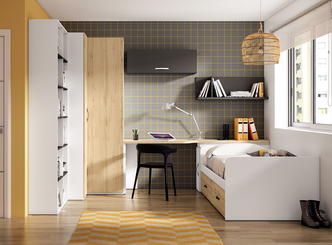 Un dormitorio con una cama, un escritorio, una silla y una ventana.